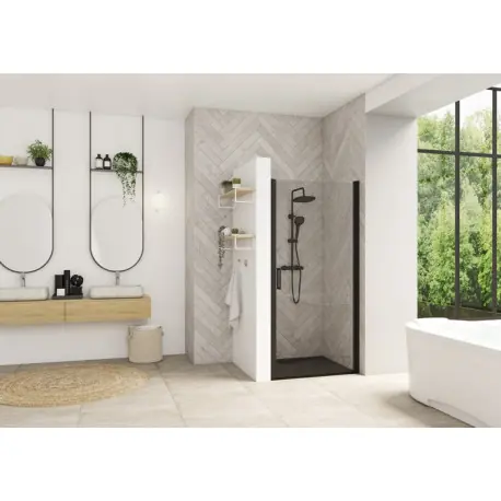 Smart Design porte pivotante sans seuil 75 profilé noir verre transparent - KINEDO PA9041NTNE