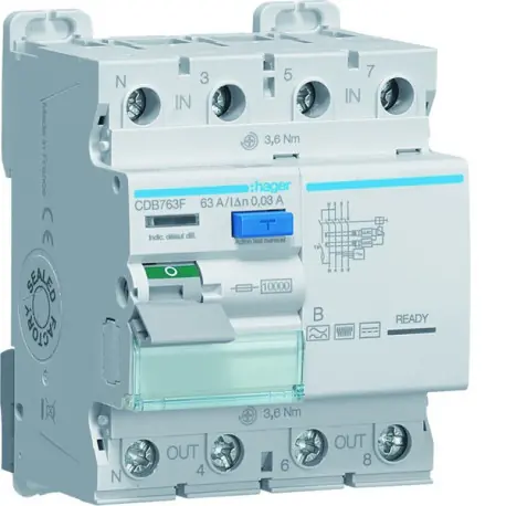 Interrupteur différentiel 3P+N 63A 30mA type B - HAGER CDB763F
