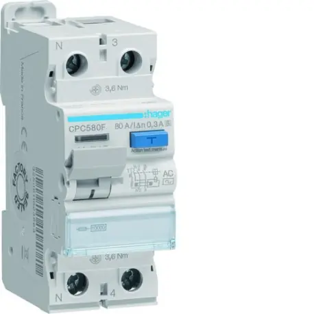 Interrupteur différentiel 1P+N 80A 300mA type AC S - HAGER CPC580F