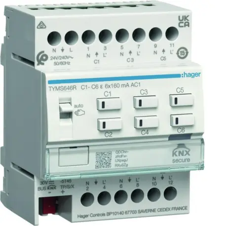 Module 6 sorties chauffage TRIAC avec regulation intégrée / config Mode easy/ETS - HAGER TYMS646R