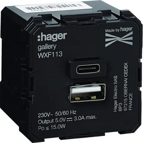 Chargeur double USB A+C gallery - HAGER WXF113