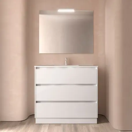 Meuble salle de bains 100cm 3 tiroirs et miroir Blanc Brillant NOJA - SALGAR 106187