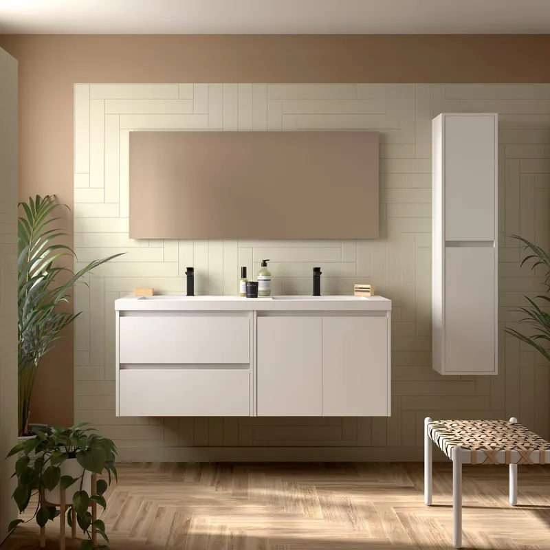 Meuble salle de bains et plan de vasque 140cm 2 tiroirs 2 portes White Satin NOJA - SALGAR 113457