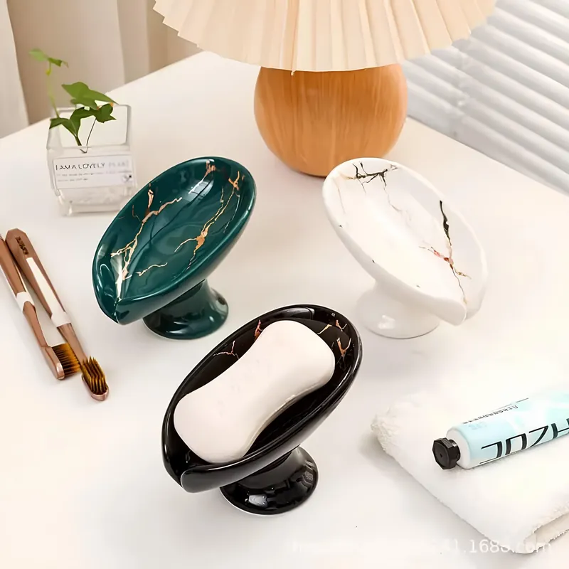 Porte-savon en céramique – design feuille avec trous d’évacuation, salle de bain ou cuisine
