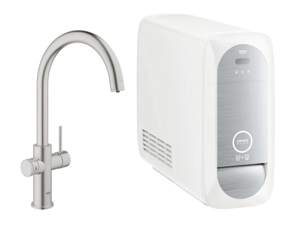 Blue Home Duo Mitigeur évier filtrant réfrigérant pétillant Bec C, acier satin brossé (31455DC0)