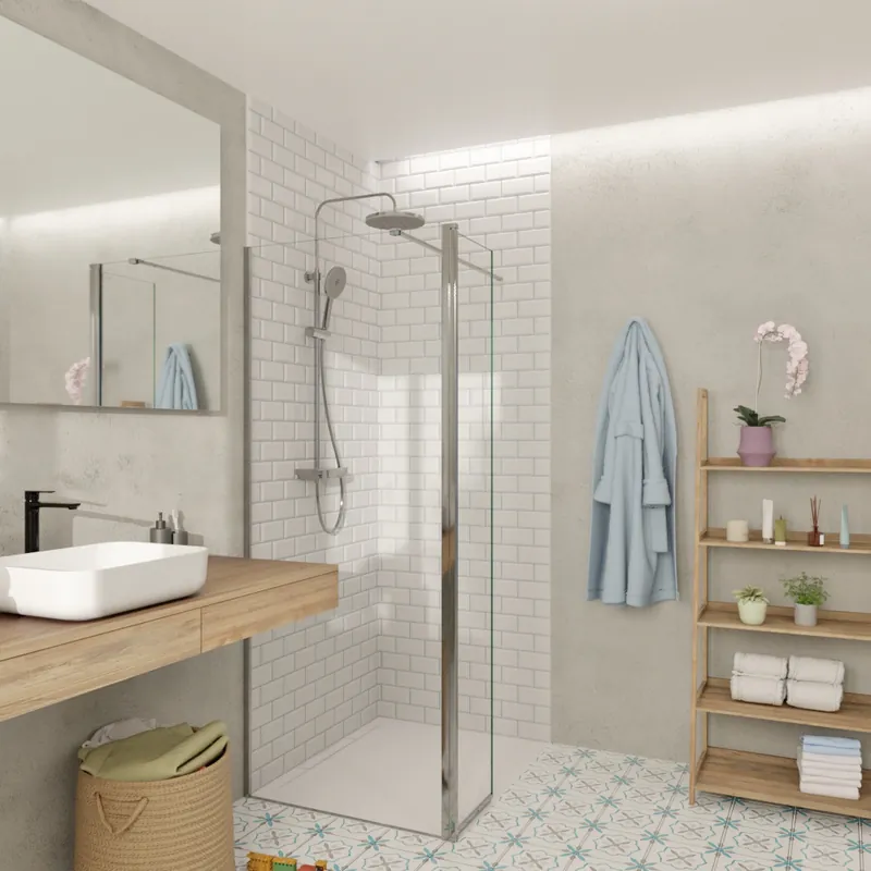 Walk-in 80x200cm Paroi et retour pivotant en verre Crystal Glass® 8 mm anticalcaire , avec bras et profilés chrome brillant
