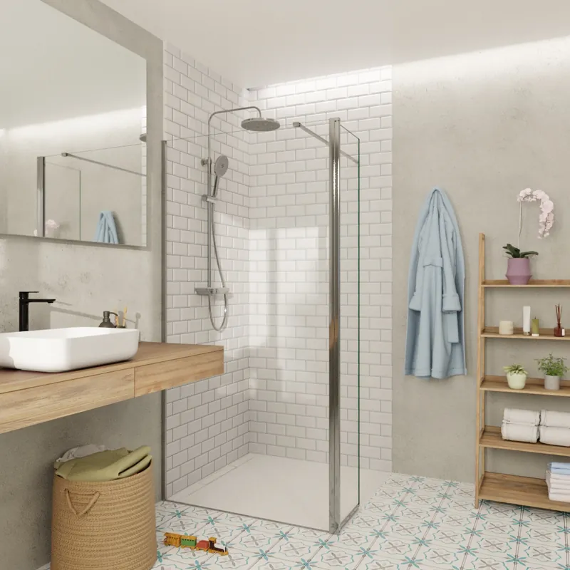 Walk-in 110x200cm Paroi et retour pivotant en verre Crystal Glass® 8 mm anticalcaire , avec bras et profilés chrome brillant