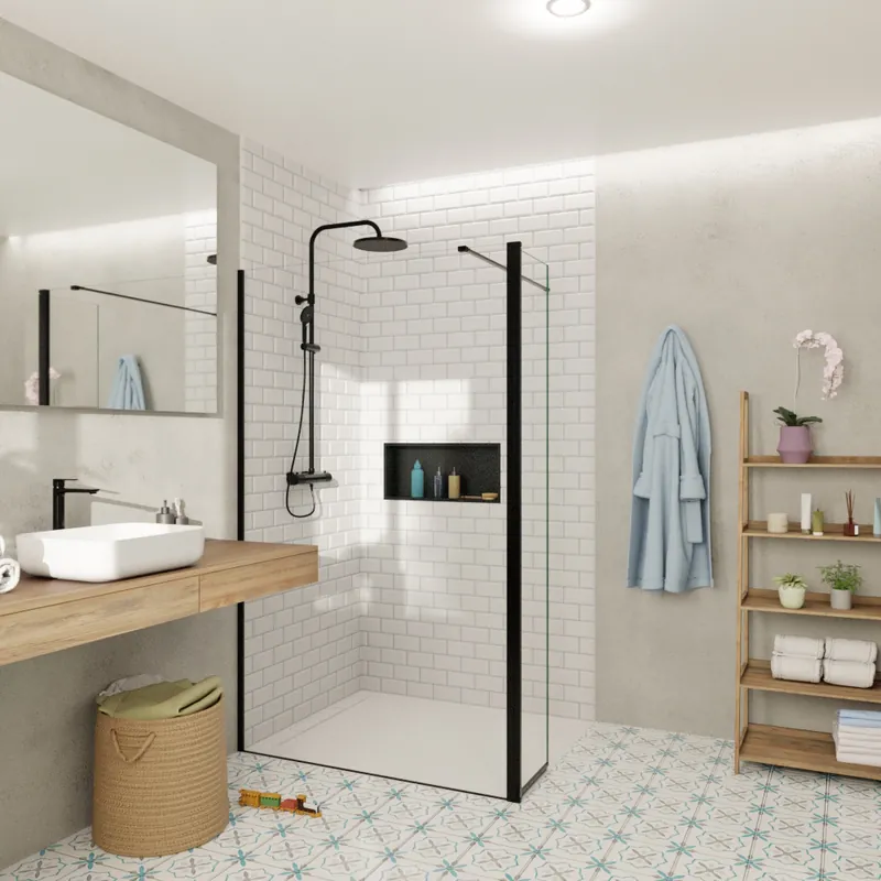 Walk-in 120x200cm Paroi et retour pivotant en verre Crystal Glass® 8 mm anticalcaire , avec bras et profilés noir mat