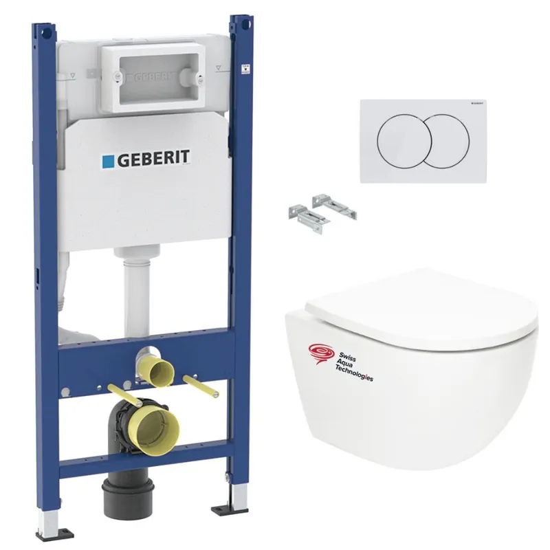 Pack WC Bâti support Geberit + WC Swiss Aqua Technologies Vortex sans bride + abattant SoftClose + plaque (VORTEXGEB3)