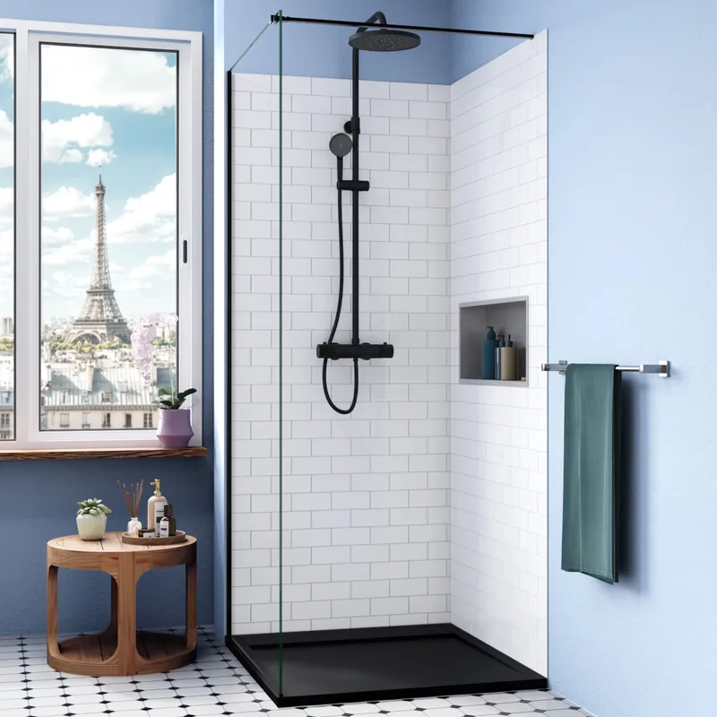 Alda Siphon + Receveur de douche 80x80cm. Pierre de synthèse, noir mat (ALD15-8080N-S)