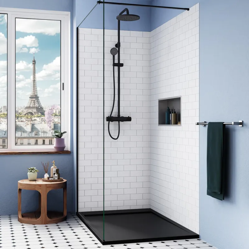 Alda Receveur de douche 120x90cm + Siphon Eslim90. Pierre de synthèse, noir mat (ALD15-12090N-S)