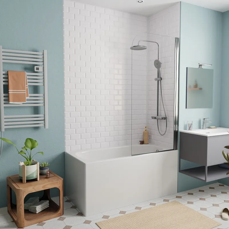 120x70 cm Ensemble baignoire Riga universelle + Pare baignoire pivotant chrome + pieds (3402-SETP)