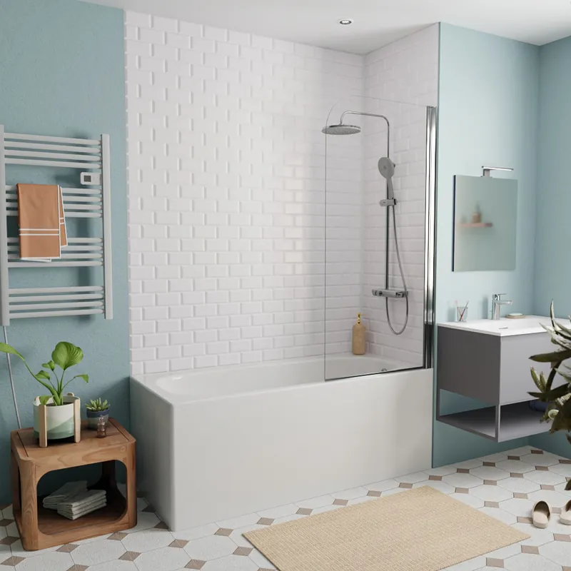 160x70 cm Ensemble baignoire Riga universelle + Pare baignoire pivotant chrome + pieds (3406-SETP)