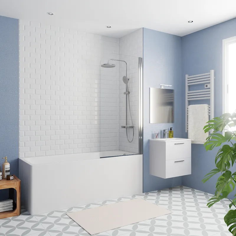 170x70 cm Ensemble baignoire Eurowa universelle + Pare baignoire pivotant chrome + pieds (KW312-SETP1)