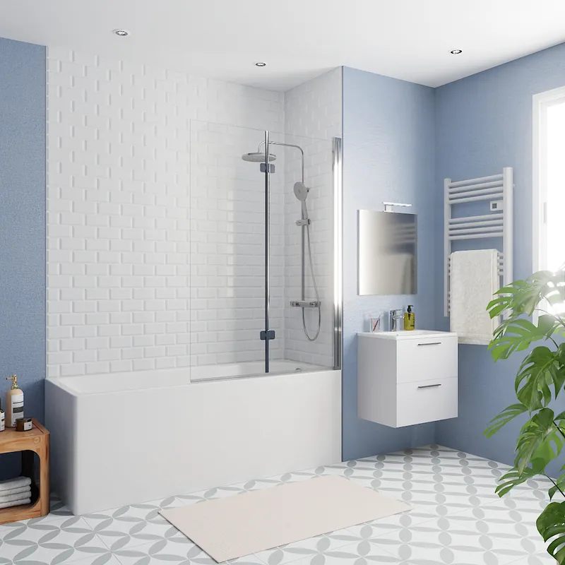 170x70 cm Ensemble baignoire Eurowa universelle + Pare baignoire pliable, 2 volets chrome + pieds (KW312-SETP2)