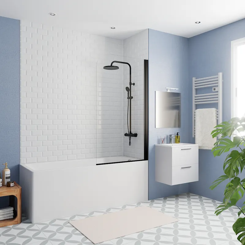 170x70 cm Ensemble baignoire Eurowa universelle + Pare baignoire pivotant noir + pieds (KW312-SETP5)