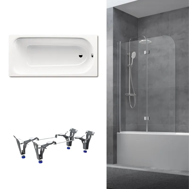 170x75 cm Ensemble baignoire Saniform universelle + Pare baignoire pivotant chrome + pieds (KW3731-SETP1)