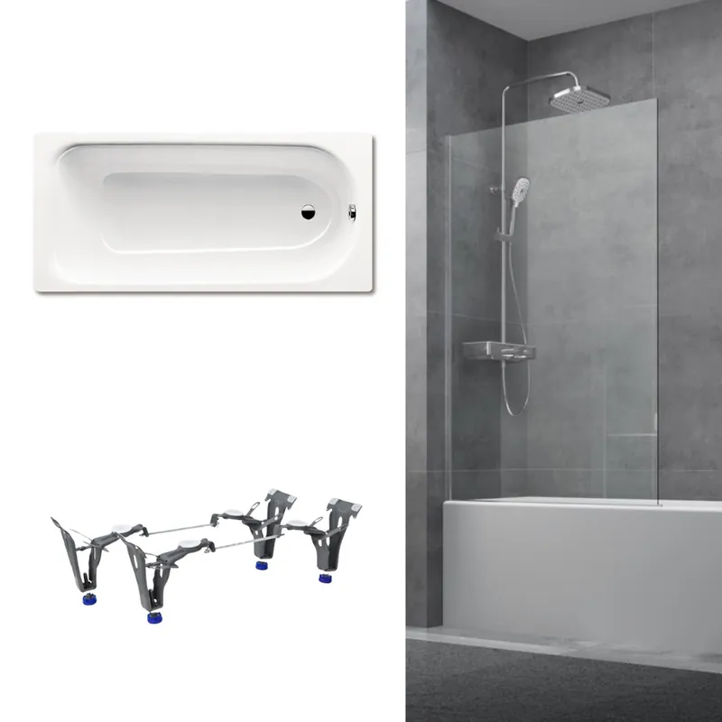 170x75 cm Ensemble baignoire Saniform universelle + Pare baignoire fixe chrome + pieds (KW3731-SETP3)
