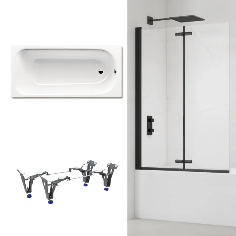 170x75 cm Ensemble baignoire Saniform universelle + Pare baignoire pliable, 2 volets noir + pieds (KW3731-SETP4)