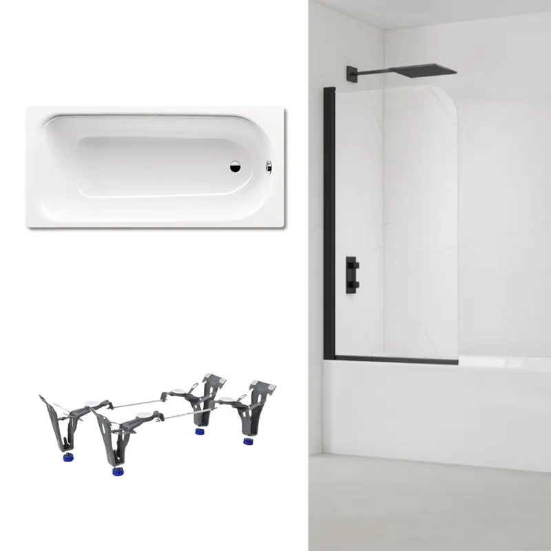 170x75 cm Ensemble baignoire Saniform universelle + Pare baignoire pivotant noir + pieds (KW3731-SETP5)