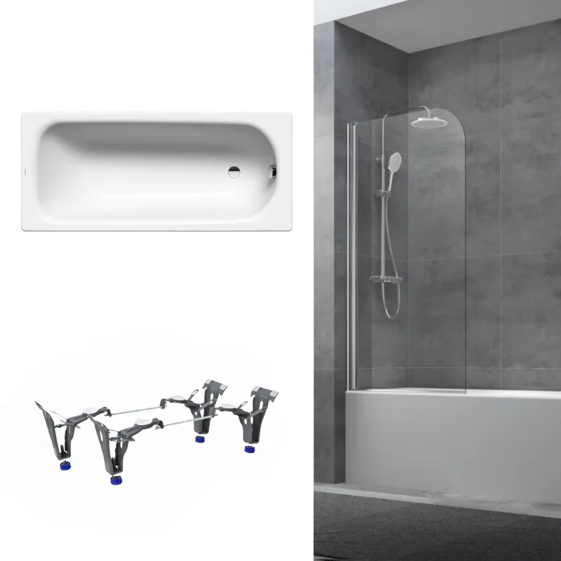 180x80 cm Ensemble baignoire Saniform universelle + Pare baignoire pivotant chrome + pieds ( KW3751-SETP1)