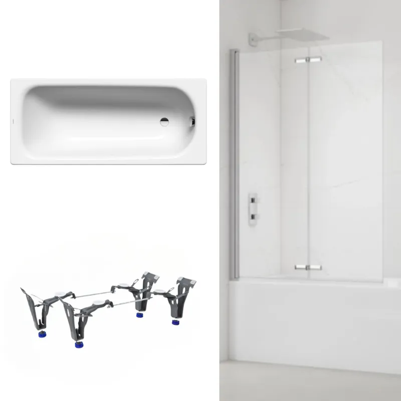 180x80 cm Ensemble baignoire Saniform universelle + Pare baignoire pliable, 2 volets chrome + pieds (KW3751-SETP2)