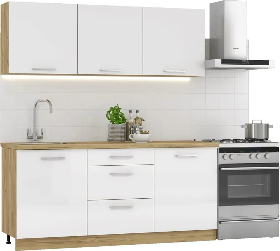 Cuisine complète Billy 180 cm, chêne doré kraft et blanc brillant, en kit (KSETBILLY)