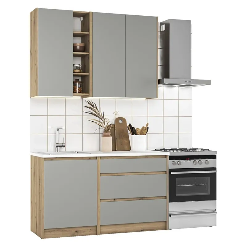 Cuisine complète Naturel Zlata 140 cm, gris et chêne artisan, en kit (KSETZLATA)