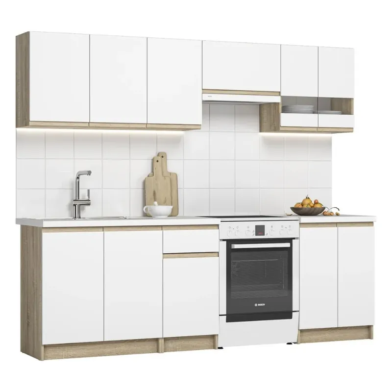 Cuisine complète Katarina Lux 240 cm, chêne Sonoma et blanc, en kit (KSETKATARINAO)