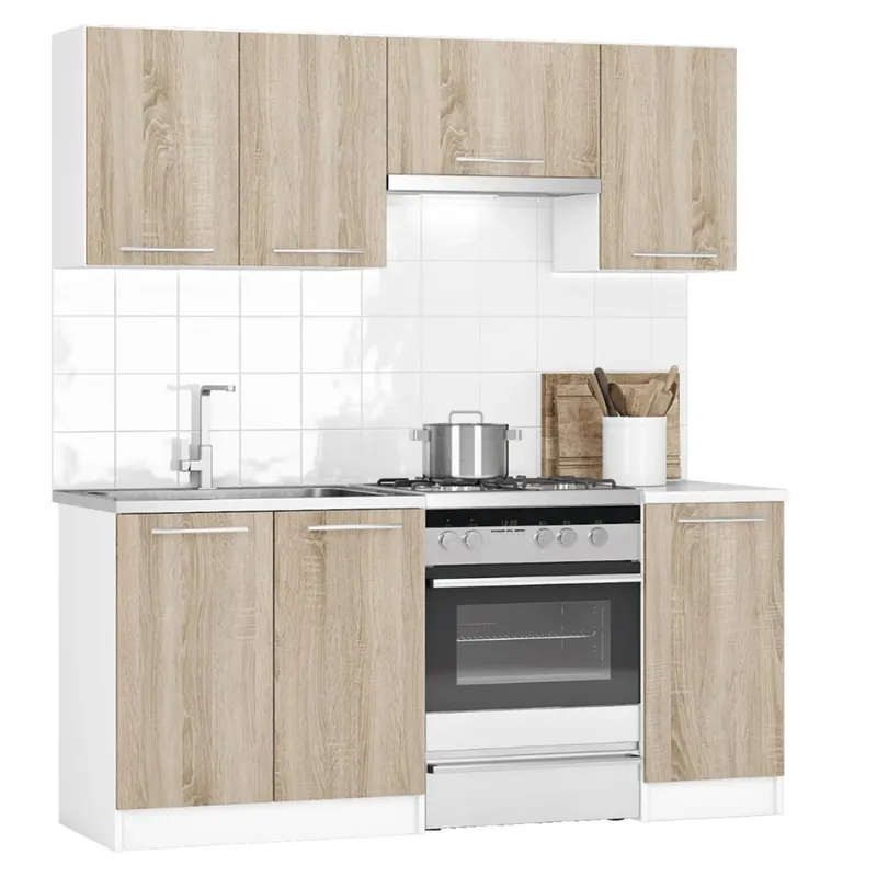 Cuisine complète Naturel Oak 180 cm, chêne Sonoma et blanc brillant, en kit (KSETOAK)
