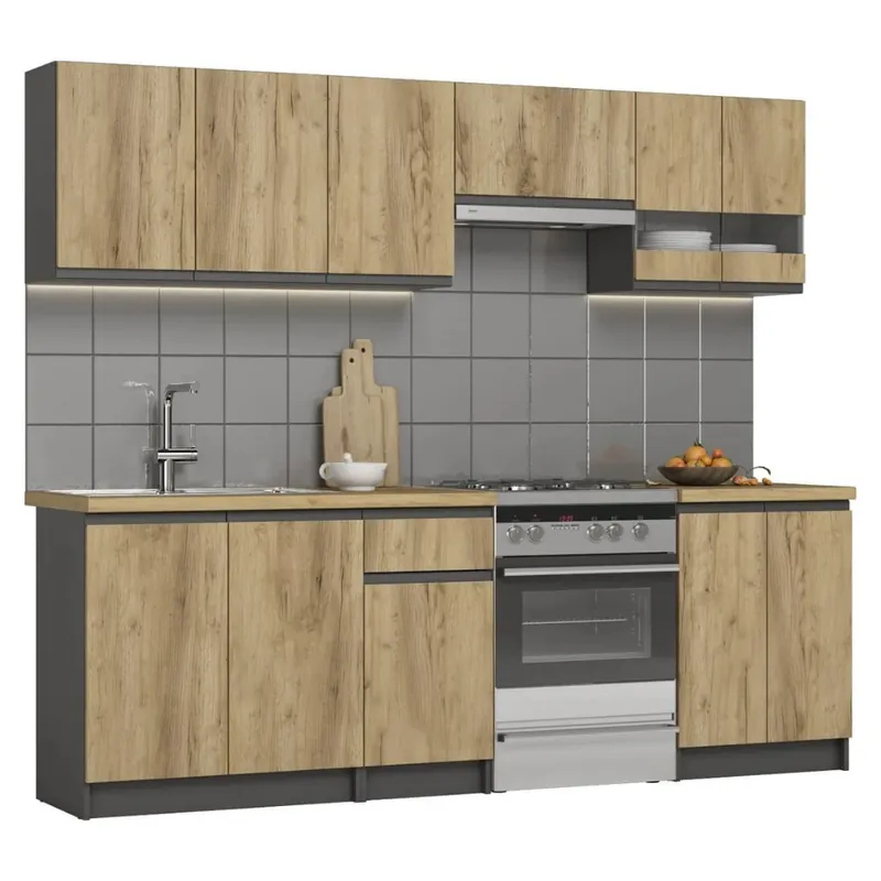 Cuisine complète Naturel Katarina Graphite Lux 240 cm, graphite et chêne doré, en kit (KSETKATARINAG)