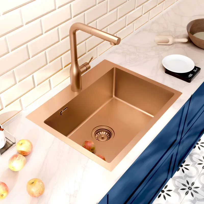 Timeless Évier de cuisine encastrable inox 304, 1 bac, 55x45x21 cm, Cuivre brossé PVD