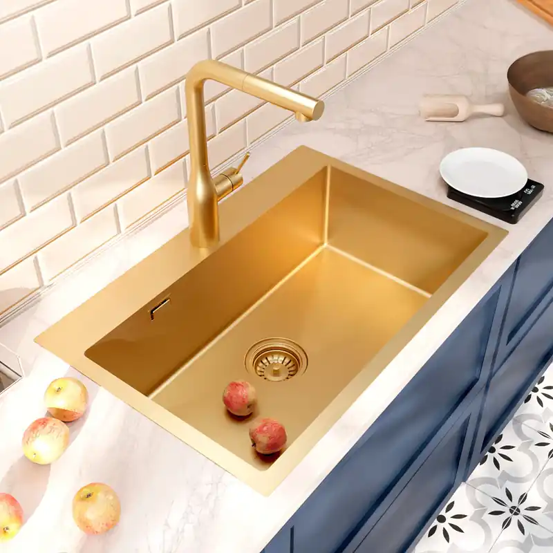 Timeless Évier de cuisine encastrable inox 304, 1 bac , 68x45x21 cm, Or brossé PVD