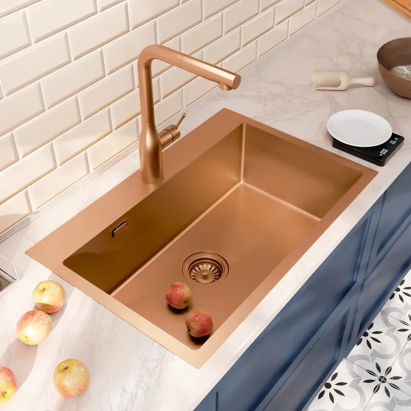 Timeless Évier de cuisine encastrable inox 304, 1 bac, 68x45x21 cm, Cuivre brossé PVD