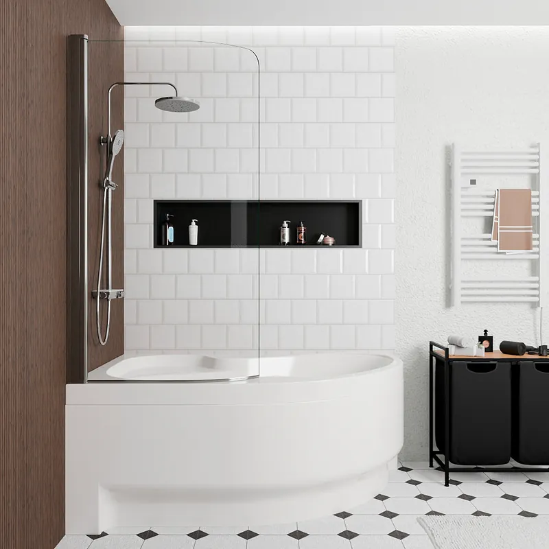 160x100 cm Fortuna Plus baignoire d‘angle en acrylique, gauche + tablier + pare-baignoire, pieds, blanc (FO1600LPLUS-SETP1)