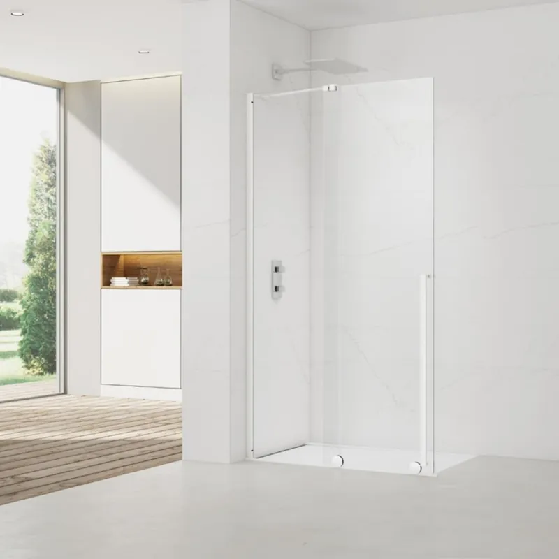 X-MOTION 140x200cm Paroi en verre coulissante Crystal Glass® 8 mm anticalcaire, avec bras et profilés Blanc (SATBWIXM140B)