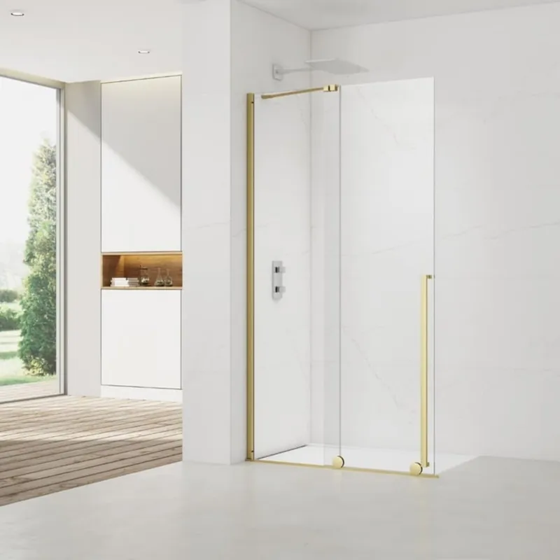 X-MOTION 120x200cm Paroi en verre coulissante Crystal Glass® 8 mm anticalcaire, avec bras et profilés Or brillant (SATBWIXM120Z)