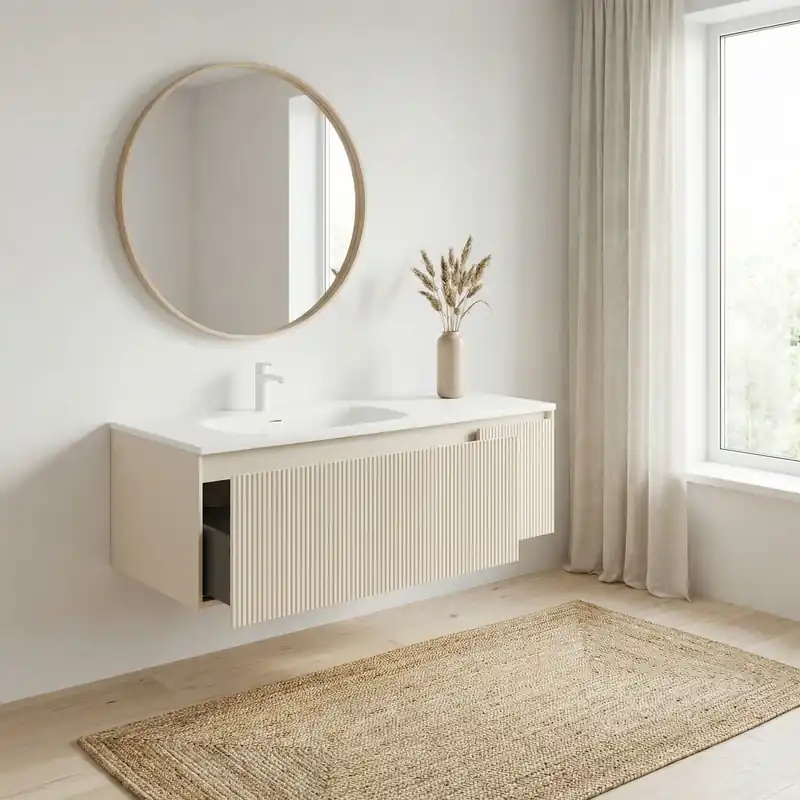 Meuble de salle de bain suspendu avec vasque à poser en marbre coulé, beige mat Austen (AUSTEN120BG)
