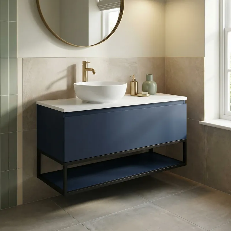 Ceramia Meuble salle de bain 120 cm bleu foncé pour vasque simple – meuble sous vasque 120 cm (CERAMIA-1DB120) (CERAMIA-1DB120)