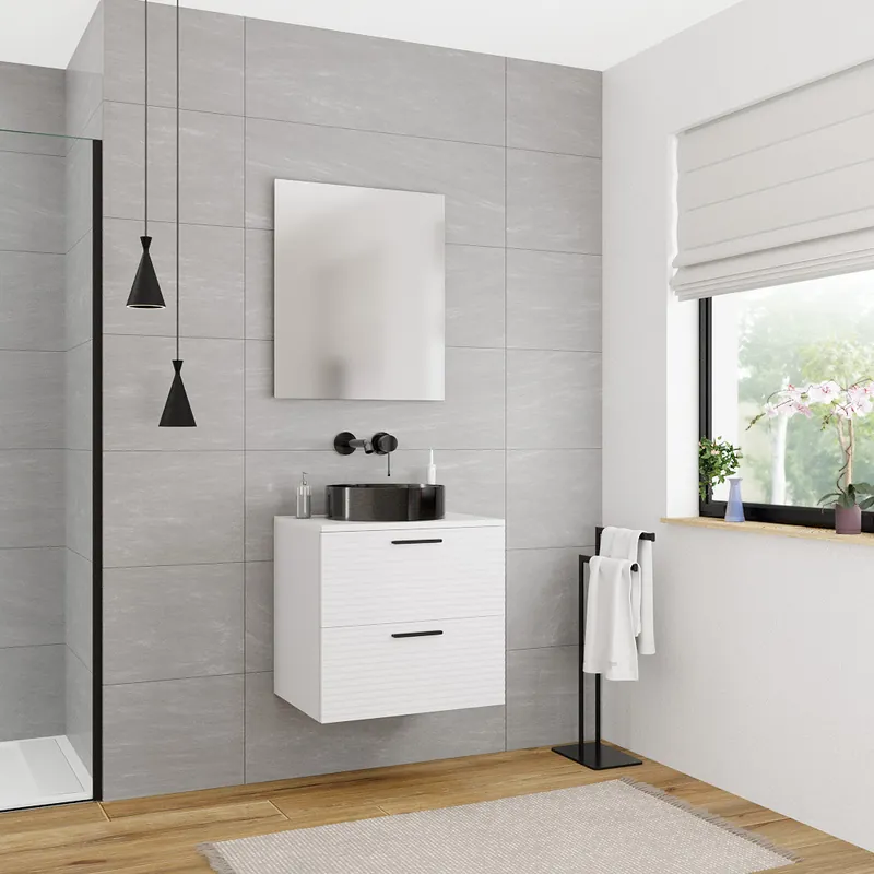 Set complet 60 cm plan vasque blanc mat + meuble assemblé, blanc cassé (CERAMIA-4OW60-S)
