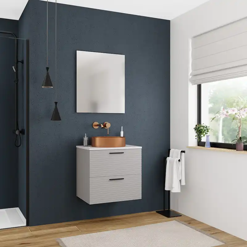 Set complet 60 cm plan vasque blanc mat + meuble assemblé, gris perle (CERAMIA-4LG60-S)