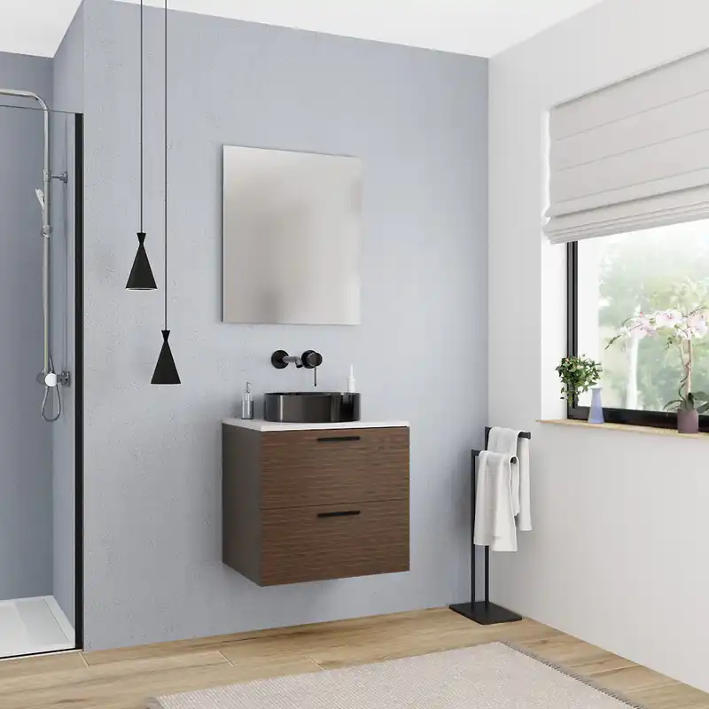 Set complet 60 cm plan vasque blanc mat + meuble assemblé, couleur chêne (CERAMIA-4DW60-S)