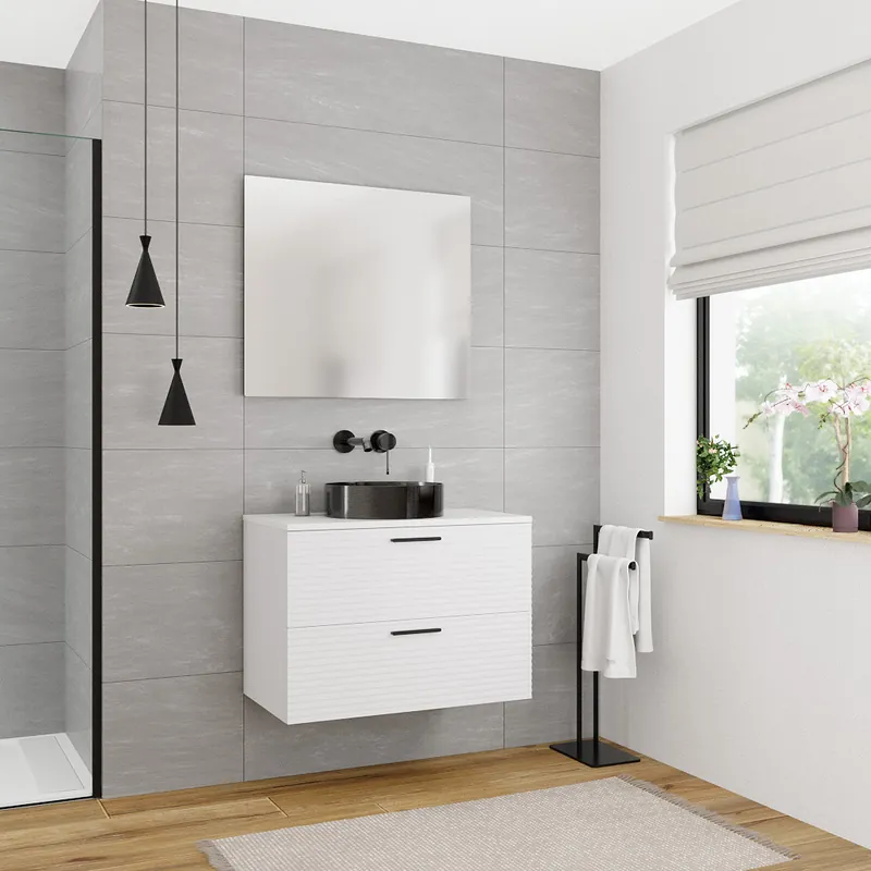 Set 80 cm plan vasque blanc mat + meuble assemblé, blanc cassé (CERAMIA-4OW80-S)