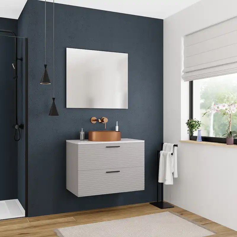 Set 80 cm plan vasque blanc mat + meuble assemblé, gris perle (CERAMIA-4LG80-S)