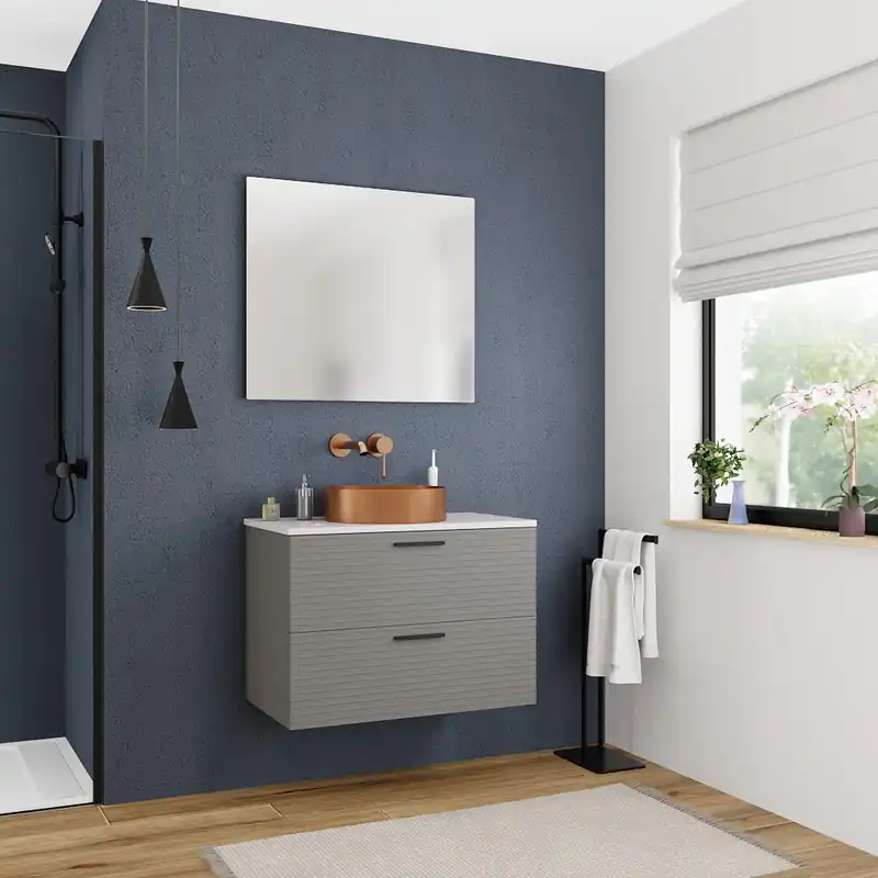 Set 80 cm plan vasque blanc mat + meuble assemblé, gris foncé (CERAMIA-4DG80-S)