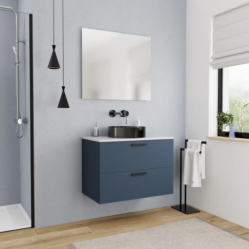 Set 80 cm plan vasque blanc mat + meuble assemblé, bleu foncé (CERAMIA-4DB80-S)