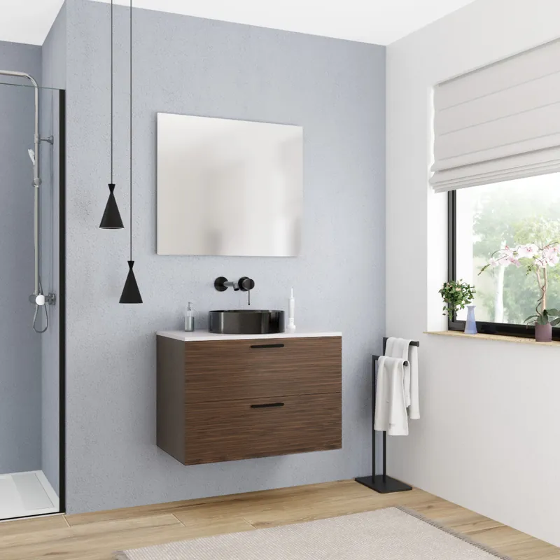 Set 80 cm plan vasque blanc mat + meuble assemblé, couleur chêne (CERAMIA-4DW80-S)