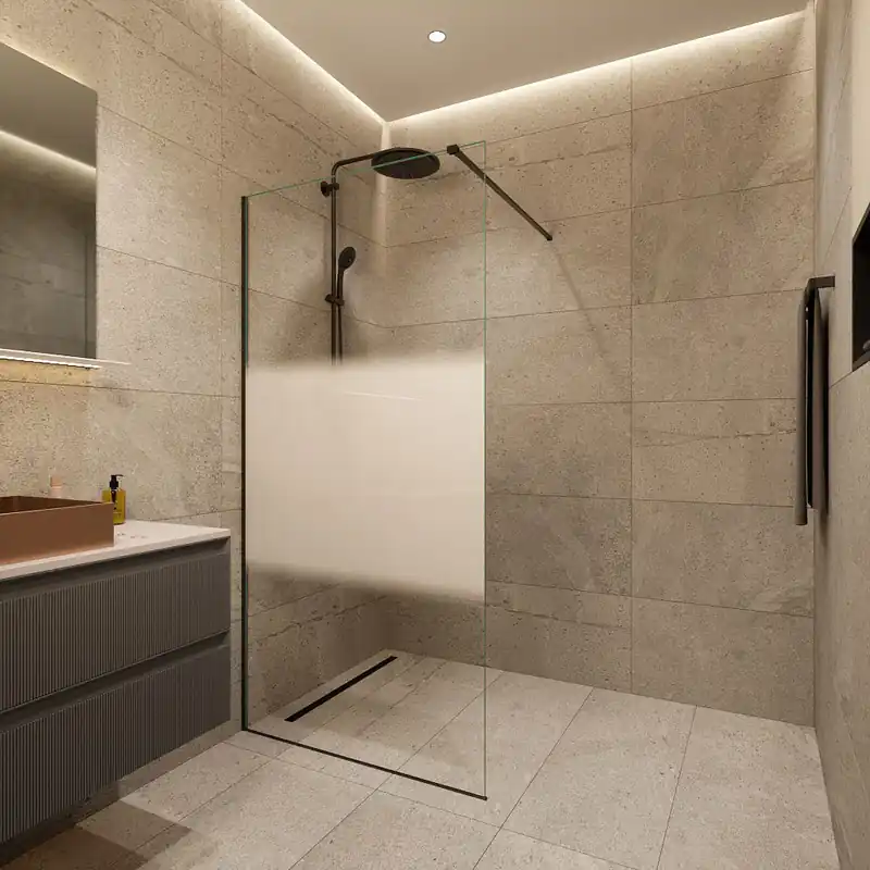 Walk-in 100x200cm, Verre semi poli Crystal Glass® 8 mm anticalcaire, avec bras et profilés Noir mat (SATBWI100MPPRC)