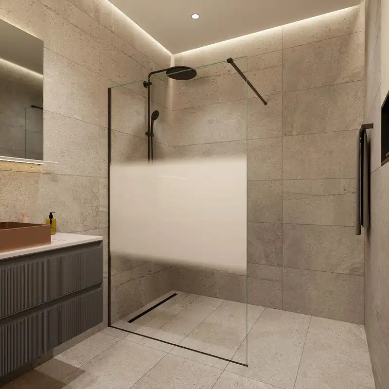 Walk-in 120x200cm, Verre semi poli Crystal Glass® 8 mm anticalcaire, avec bras et profilés Noir mat (SATBWI120MPPRC)