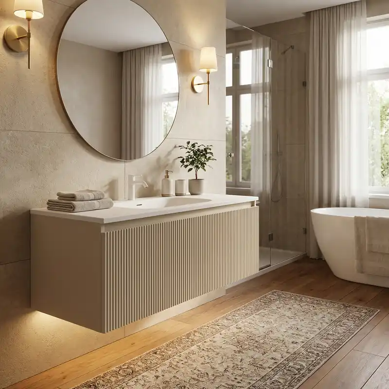 Meuble de salle de bain suspendu 80 x 35 x 52 cm avec vasque à poser en marbre coulé, beige mat, Naturel Austen (AUSTEN80BG)